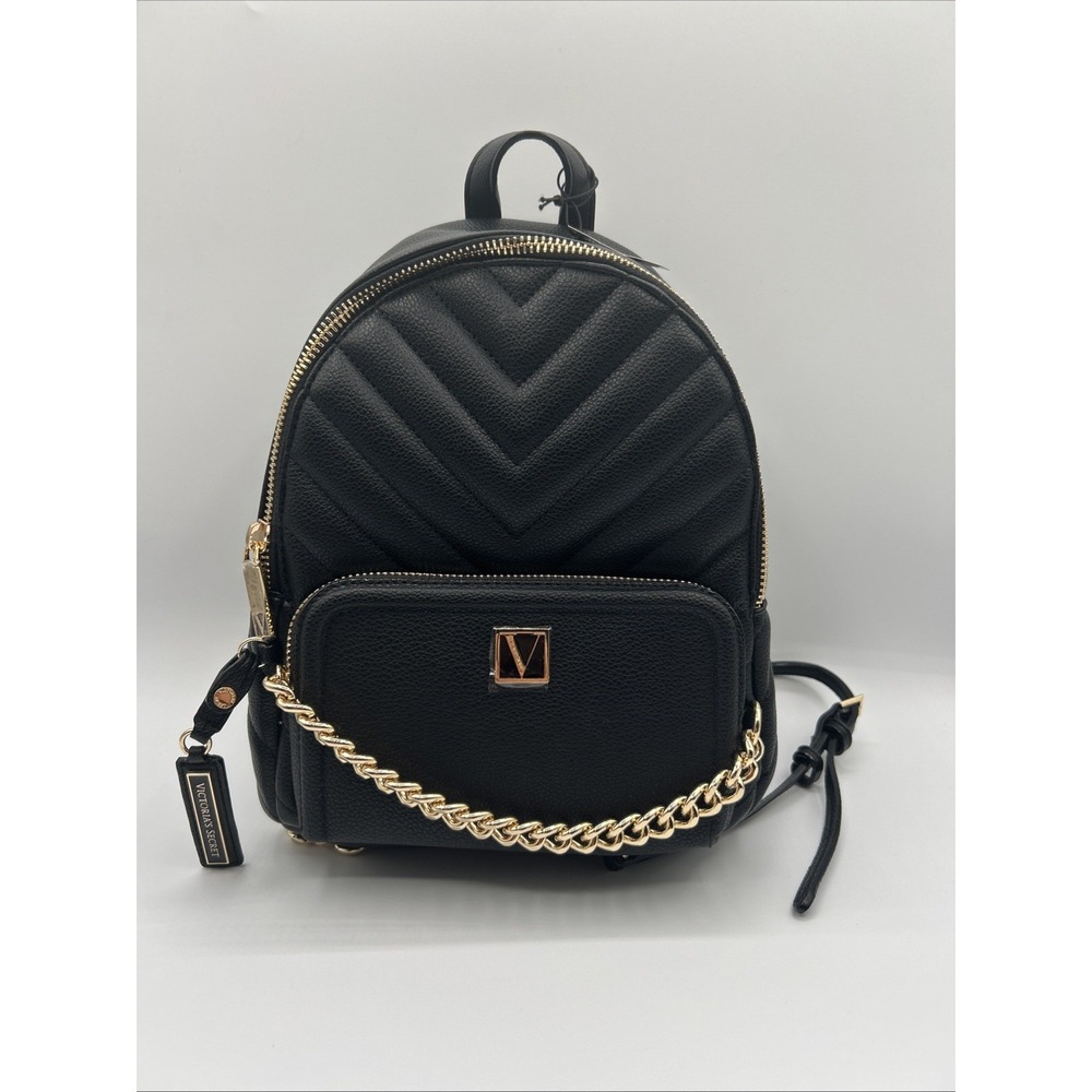 Victoria's Secret Black Small Backpack Quilted Gold Chain Zip Closure NWT